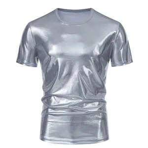 Close-up of the reflective metallic silver texture on a slim fit round neck T-shirt