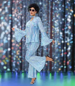 Costume da discoteca anni '70 da donna blu completo di parrucca e occhiali sole