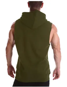 Πίσω όψη ανδρικού λαδί αμάνικου φούτερ με κουκούλα σε απλό σχέδιο