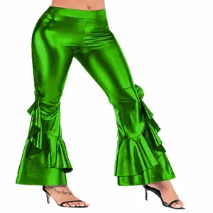 Pantalon évasé vert métallisé avec volants à étages pour scène et mode de nuit