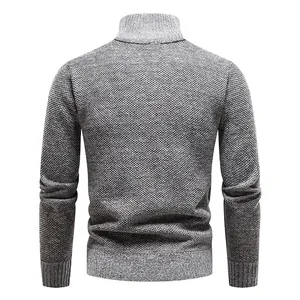 Detailed back view of a grey thick knitted men's cardigan with stand collar and rib cuffs