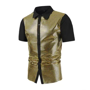 Detailed view of men's shiny gold sequin button-down shirt with black collar and sleeves.