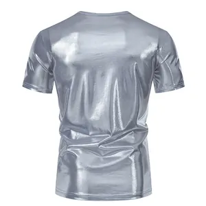 Detailed back view of men's silver metallic shiny short sleeve crew neck party T-shirt