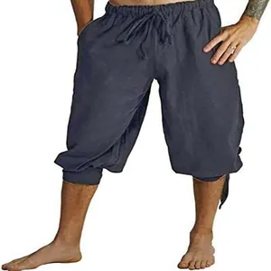 Männer Baumwolle Leinen Wikinger Piratenhose mit Knöchelschnürung und elastischem Bund