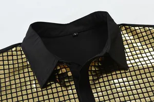 Close-up detail of men's gold sequin cosplay shirt with black formal lapel collar