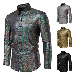 Stylish men's metallic snakeskin long-sleeve shirt in multiple iridescent colors