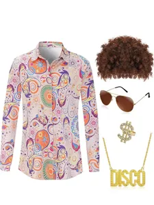 Gedetailleerd overzicht van 70s disco kostuumset met shirt en accessoires