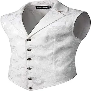 Detailed view of white medieval gothic vest with elegant jacquard pattern and buttons.