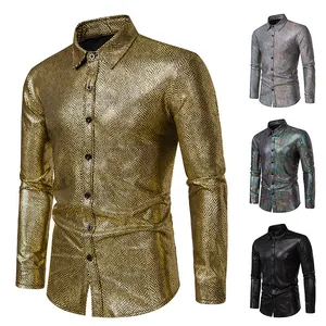 Shiny mens snakeskin patterned long sleeve button up dress shirt for party and banquet