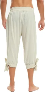 Rückansicht beige Baumwoll-Leinen Mittelalter Piratenhose für Herren mit Knöchelbändern