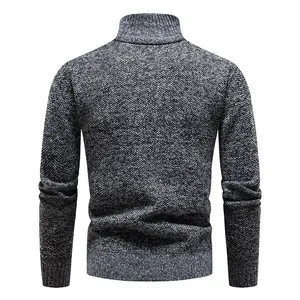 Close-up back view of a men's thick gray melange knit sweater featuring a ribbed stand collar