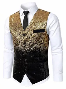 Detail of gold and black gradient sequin waistcoat for men's stage performance and parties