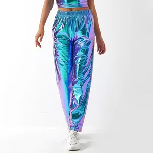 Holographic metallic jogger pants with blue-purple gradient for hip-hop streetwear style