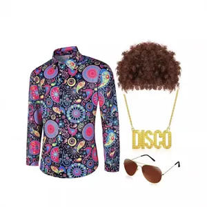 Jaren 70 disco kostuum set met vintage bloemenhemd, bruine pruik en disco halsketting