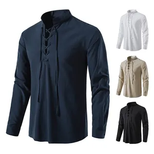 Heren katoen linnen Henley shirt met vetersluiting en opstaande kraag strand