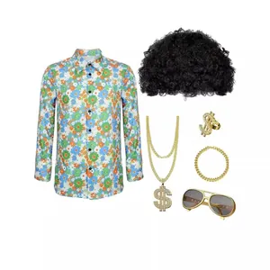 7-delig jaren 70 disco kostuum met bloemenhemd afro pruik en gouden accessoires