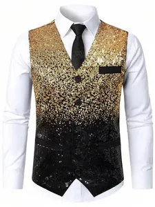 Detailed close-up view of the gold and black gradient sequin vest for stage performance.
