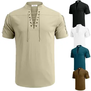 Herren Schnür-V-Ausschnitt Kurzarm Hippie Piraten Strandhemd Lässig Locker Baumwolle Leinen Sommer Top Vintage Renaissance Stil