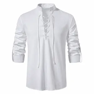 Heren Henley-shirt van katoen linnen met vetersluiting en opstaande kraag in wit