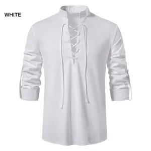 Men's cotton linen Henley shirt with lace-up V-neck and stand collar in white