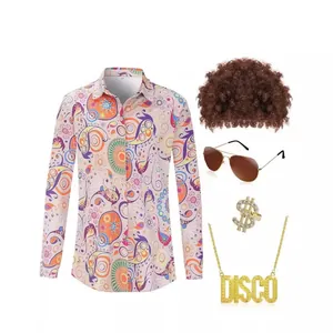 Heren disco hippie kostuumset uit de jaren 70 met bloemenoverhemd, pruik en sieraden
