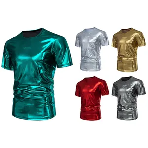 Men's shiny metallic short sleeve T-shirts featuring a round neck in five vibrant colors