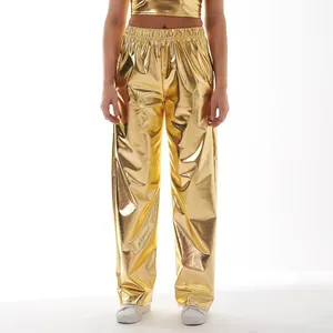 Metallic Shiny PU Leather Casual Pants Men Women Hiphop Streetwear Wide Leg Shiny Bronzing Lacquer Trousers For Party Performance