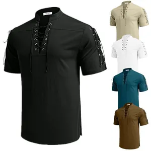 Herren Kurzarm-Piratenhemd mit Schnürung V-Ausschnitt Hippie-Strand-T-Shirt Mehrfarbig