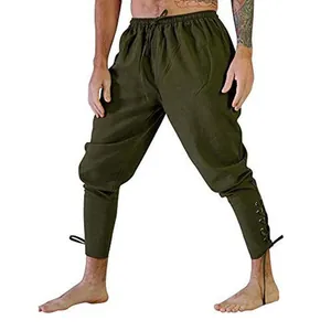 Pantaloni da pirata medievali da uomo verde militare con dettagli stringati alla caviglia.