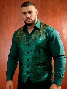 Men Gradient Sequin Suit Vest For Stage Performance Bar Waiter Slim Fit V-Neck Single-Breasted Polyester Sequin Waistcoat Top
