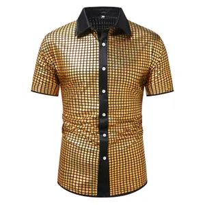 Front view detail of a gold checkered metallic men's short sleeve shirt with black collar