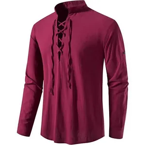 Heren Casual Katoenen Henley Overhemd Vintage Veter Stand Kraag Lange Mouw Overhemd Hippie Beach Mode Effen Kleur Man Top