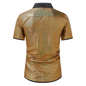 Detailed back view of gold metallic grid men's short sleeve shirt with black lapel collar