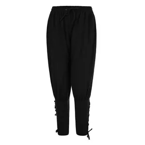 Pantaloni medievali da pirata per uomo con caviglie stringate e coulisse, colore nero.