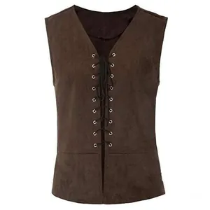 Vue détaillée du gilet médiéval marron à lacets avec œillets métalliques pour costumes.