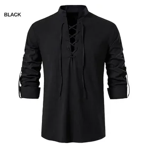 Men's casual black cotton linen Henley shirt with hippie lace-up stand collar design