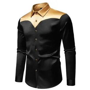 Dettaglio di una lussuosa camicia in raso da uomo con design color block oro e nero