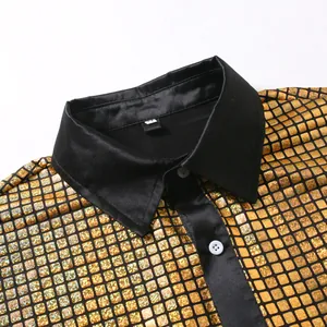 Close-up of the black satin collar and golden grid sequin texture of the men's shirt