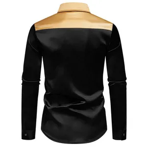 Camicia da uomo in raso di lusso manica lunga bicolore nero e oro lucido vista posteriore.