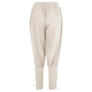 Vista posteriore dei pantaloni da pirata medievali beige con lacci alle caviglie e vita elastica.
