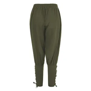 Pantaloni da pirata medievali con polsini stringati verde oliva, vista posteriore