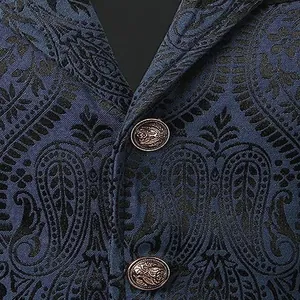 Vue détaillée du gilet gothique médiéval avec motif cachemire bleu et boutons métalliques