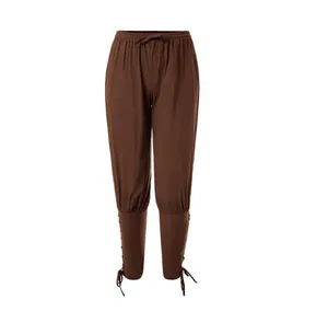 Vista dettagliata dei pantaloni da pirata medievali marroni da uomo con lacci alle caviglie