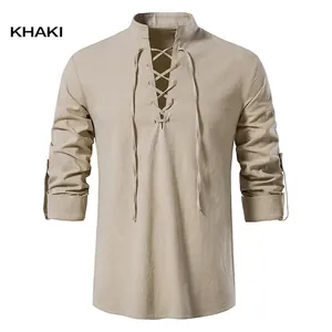 Men's khaki cotton linen lace-up Henley shirt featuring a stand collar and long sleeves