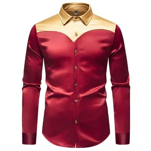 Vista dettagliata della lussuosa camicia da uomo in raso di seta bicolore rosso e oro