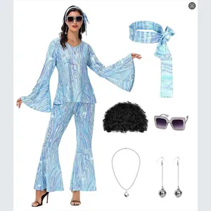 Costume da Disco Anni '70 per Donna con Top a Maniche a Campana e Pantaloni a Zampa
