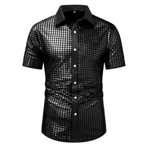 Macro detail of men's black shiny grid short sleeve button-up shirt
