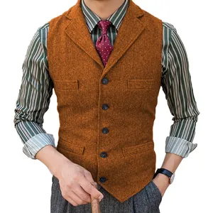 Herren-Anzugweste in braunem Fischgrät-Tweed, schmale Passform, einreihig geknöpft