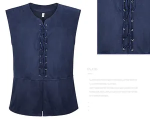 Vue détaillée du laçage avant d'un gilet steampunk en daim bleu marine pour homme médiéval.
