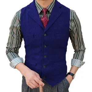 Detailansicht der dunkelblauen Fischgräten-Tweed-Weste für Herren mit Einreiher-Design